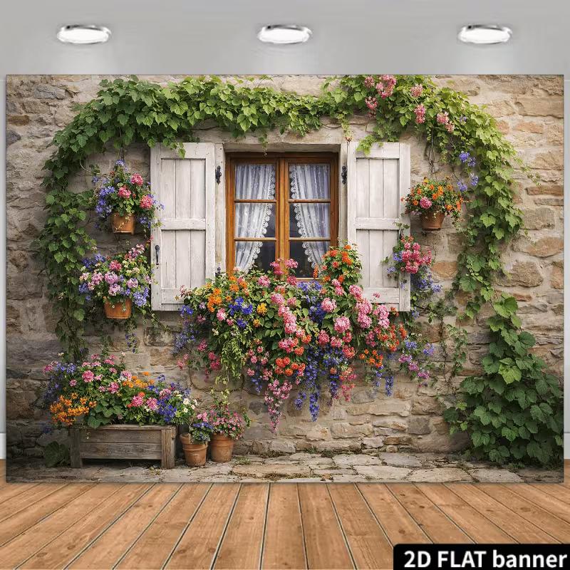 2D Vintage Stone House with Flower Boxes & Ivy Backdrop Photo Background