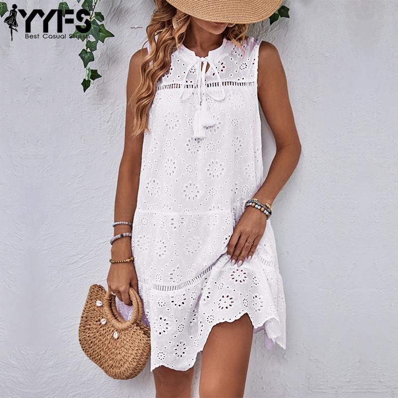 YYFS Женская мода лето весна однотонный принт без рукавов с воротником-стойкой повседневные платья