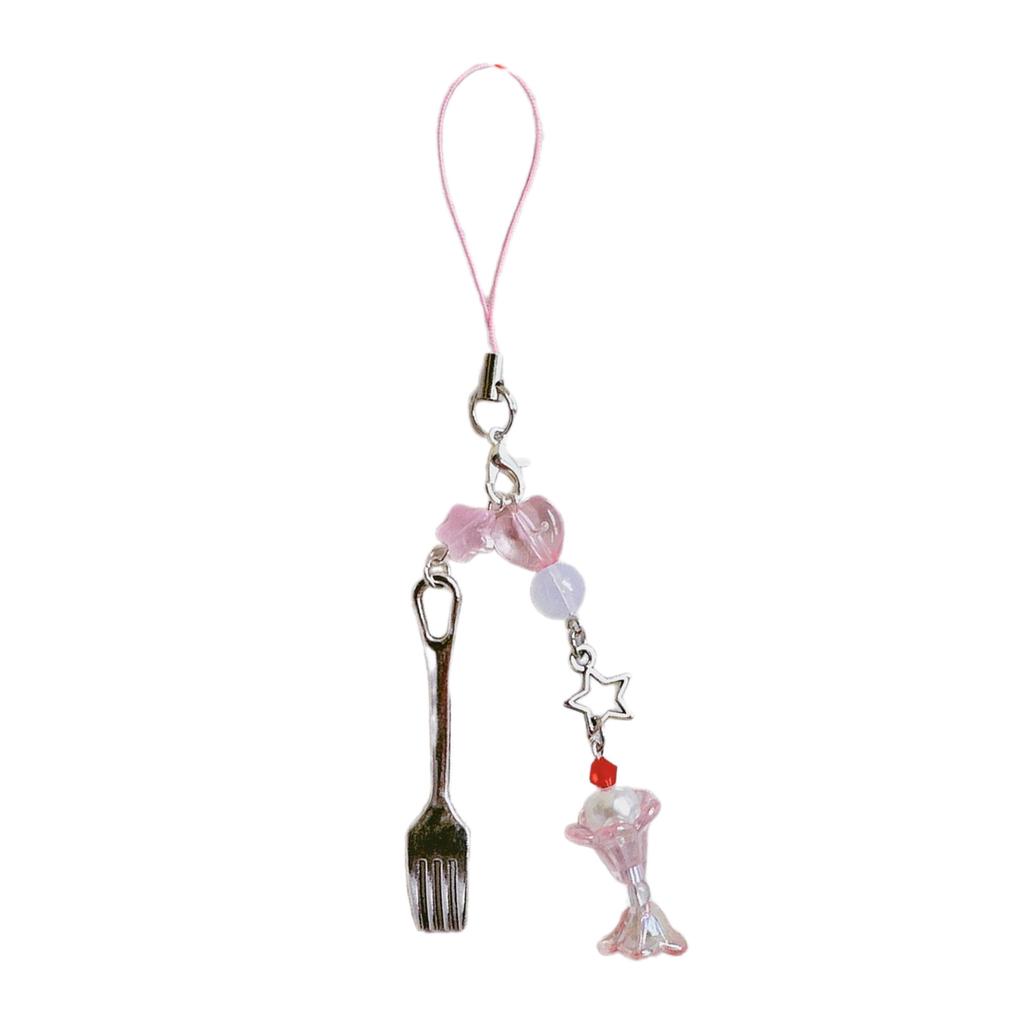 Fashionable Beaded Fork Pendant Phone Charm Unique Heart Flower Keychain Vibrant Beaded Pendant for Cellphone Camera