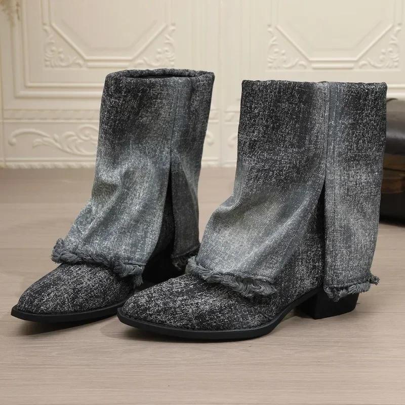 2024 Fashion Ladies Shoes Slip-on Women's Boots Hot Sale Pointed Toe Modern Boots Women New Tassel Square Heel Mid-Calf Boots