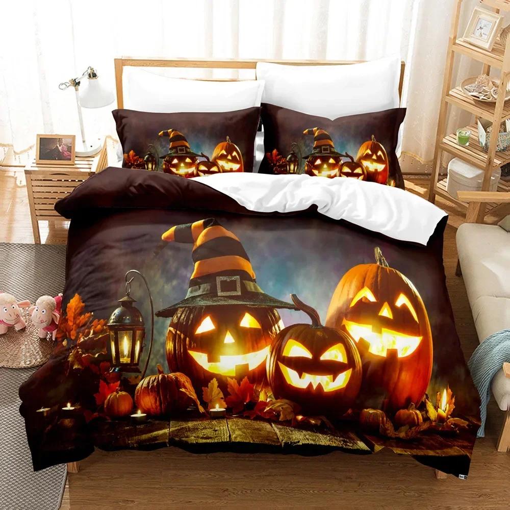 Halloween Cartoon Pumpkin Lantern Castle Bat Comfortable Duvet Quilt Cover Pillowcase Bedding Set Children Bedroom Decoration