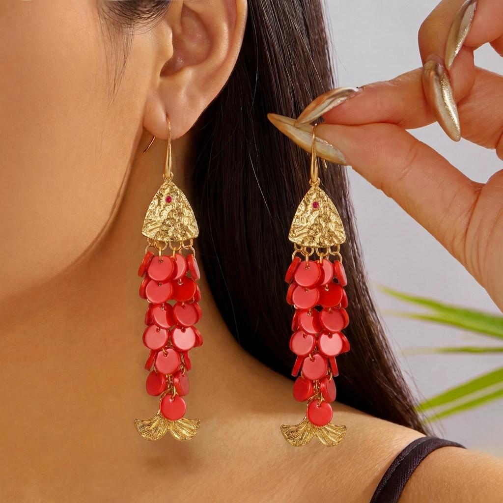 Design Sense Fish-shaped Earrings Creative Multi-layer Shell Scaly Tassel Drop Earrings Niche Summer Beach Vacation Jewelry