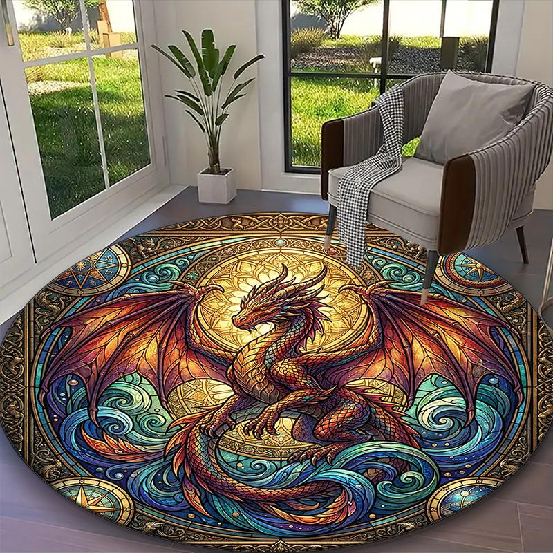 1pc Majestic Golden Dragon Printed Chair Rug for Home Office Use, Living Room Kitchen Game Room Round Carpet