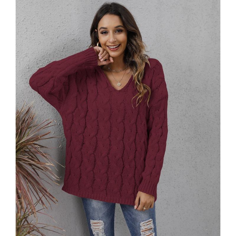 Autumn and Winter Women's Thickened Twist Knit V-Neck Hooded Loose Pullover Sweater