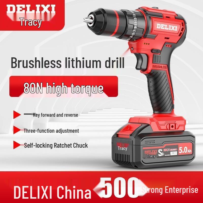 Бесщеточный ручной литий-ионный шуруповерт-дрель Delixi с функцией удара и перезаряжаемый, для мощного бытового использования.