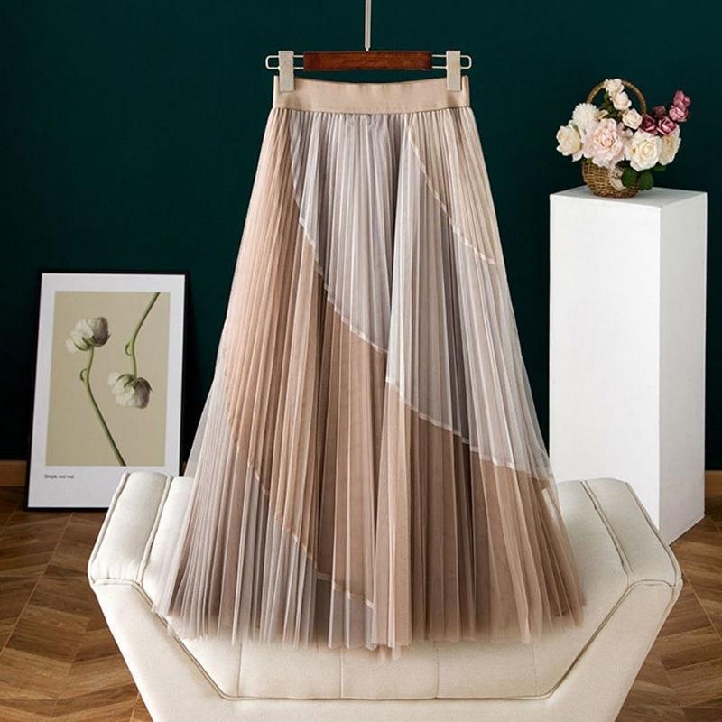 Плиссированная марлевая юбка с принтом, высокая талия, эластичная талия, юбка средней длины с большим подолом, кружевная юбка трапециевидной формы со спиральной цветной строчкой