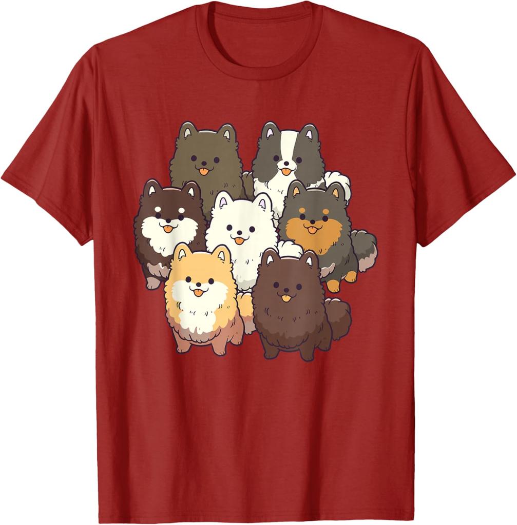 Cute Pomeranian Dog Group Cartoon Print Casual Cotton T-Shirt for Men Trip