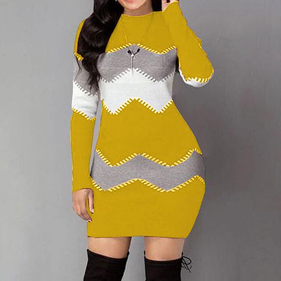 Women Autumn O Neck Long Sleeve Color Block Bodycon Warm Mini Sweater Dress