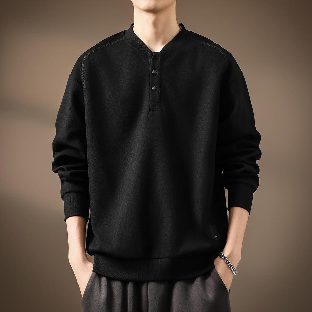 Men's Retro Henley Collar Sweatshirt, 350g Plus Velvet, Loose Fit, Autumn Jacket.