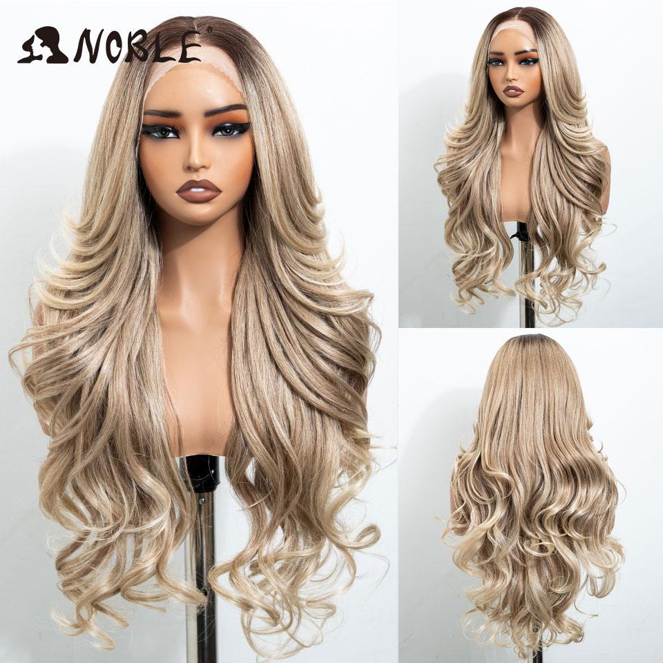 Noble Synthetic Lace Front Wigs For Women 28 Inch Curly Ash Blonde Highlight 13x4 Body Wave Silk Base Lace Wig Cosplay Daily Wig