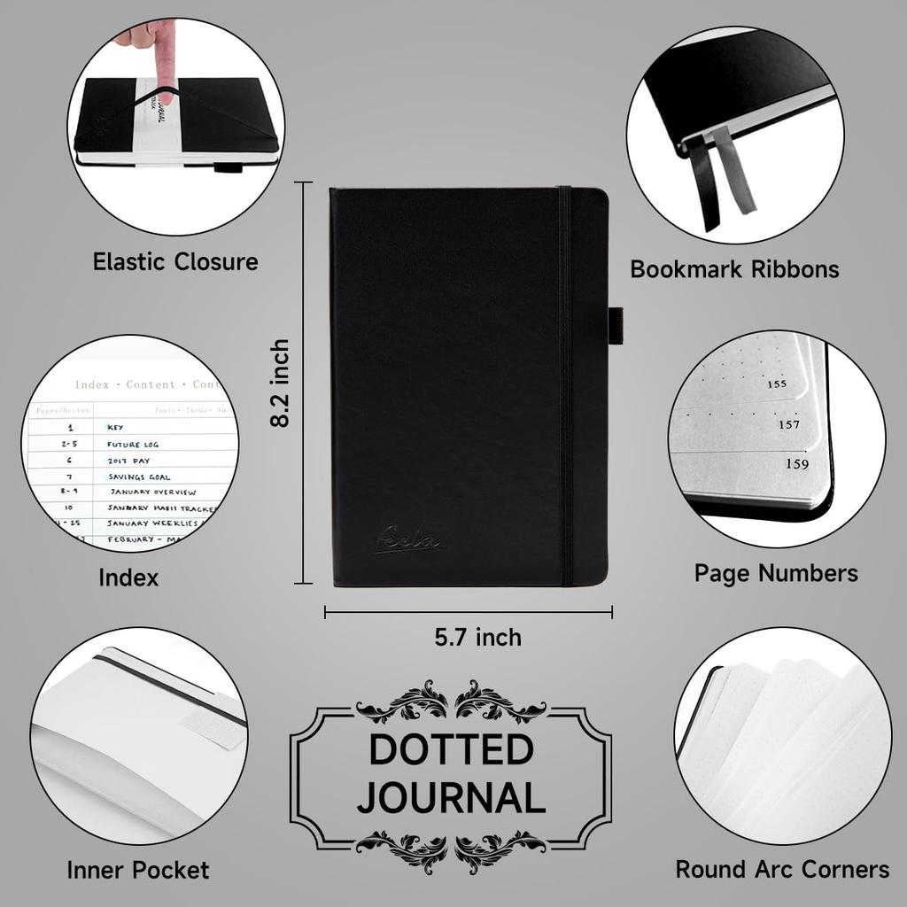 Feela Bullet Journal Synthetic A5 Dot Pen В комплекте блокнот, кожа, размер, сетка, (черный)