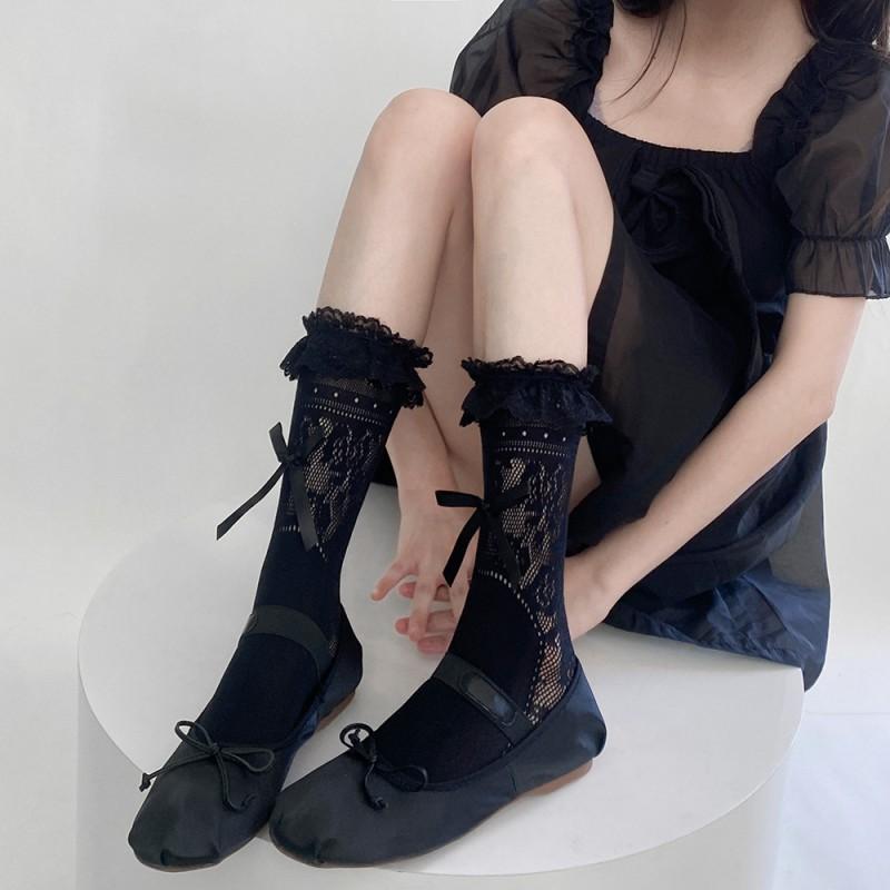 Sweet Lace Trim Ankle Socks With Bow Detail Women Breathable Thin Lolita Y2K Style