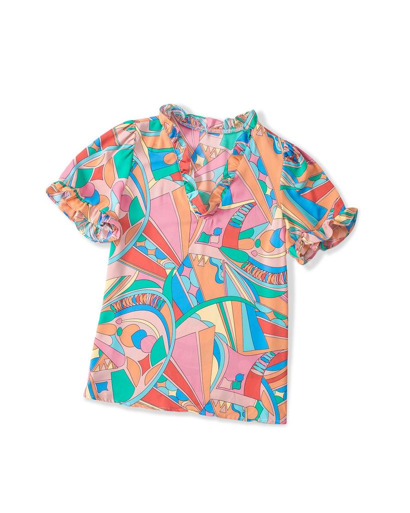 Azura Exchange Блузка с V-образным вырезом и оборками в виде абстрактной геометрии