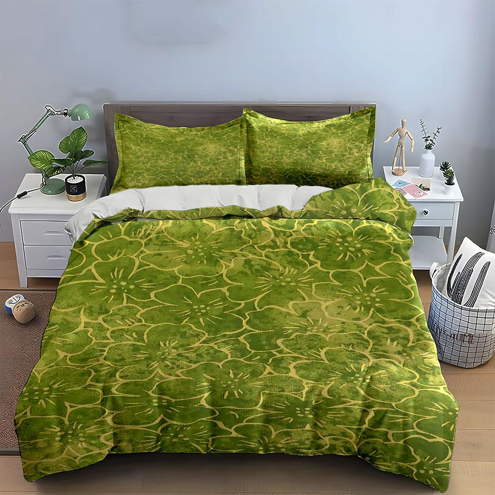 Green floral outline pattern. Bedding sets Duvet cover sets Duvet covers Pillowcases(1 * Duvet Cover 2 * Pillowcases, without duvet insert)