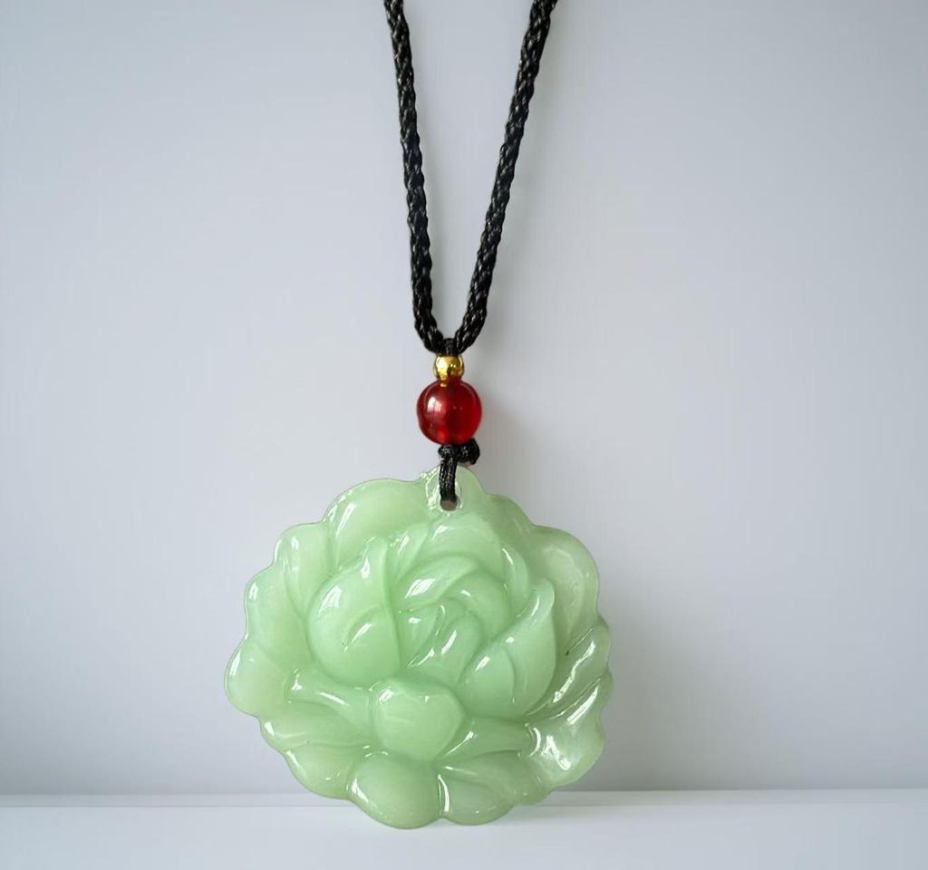Imitation Hetian Jade Lotus Pendant Necklace for Women - White Jade Flower Blooming Wealth Design