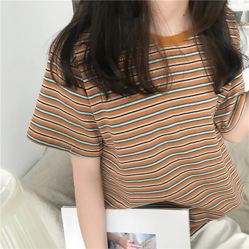 Women's Crew Neck Short Sleeve T Shirt Loose Fit Casual Stripe Print Basic Top Summer Daily Blouse