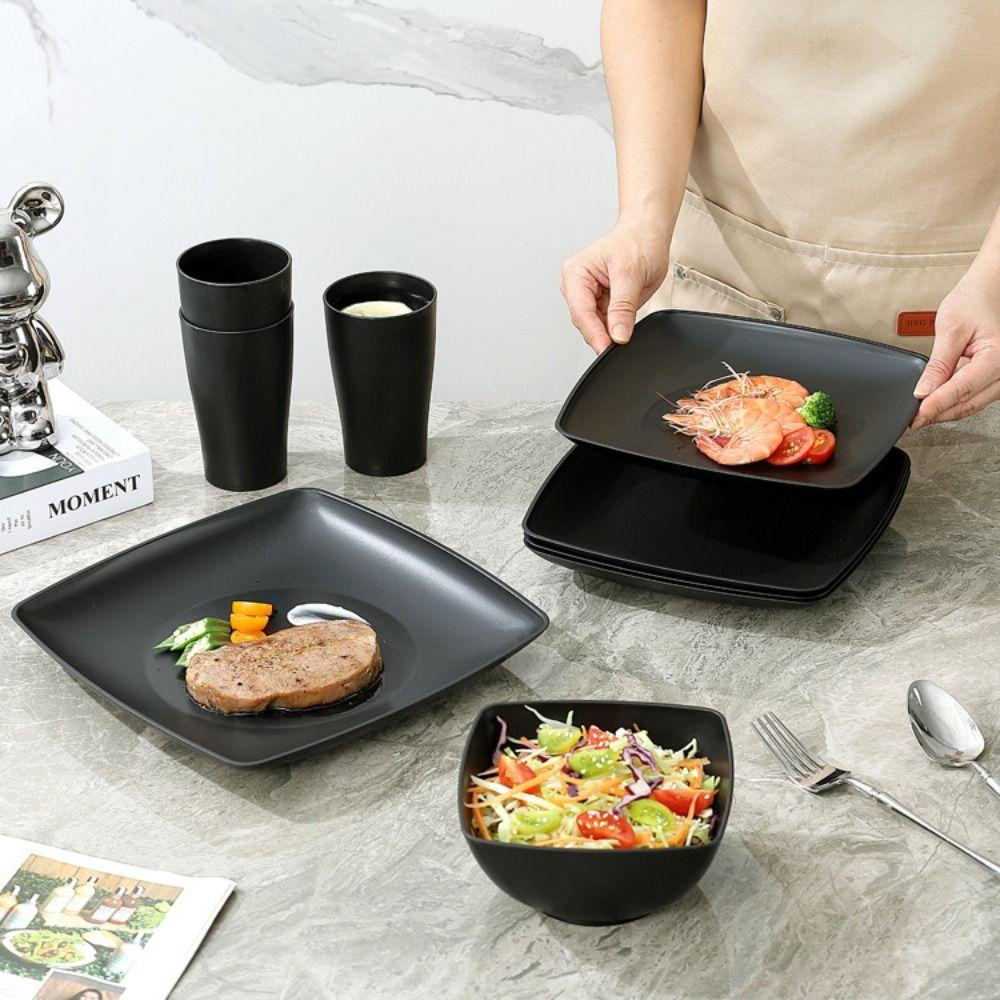 16pcs/Set Reusable Plastic Dinnerware Set Square Dinner Plate Set Tableware Suit Party