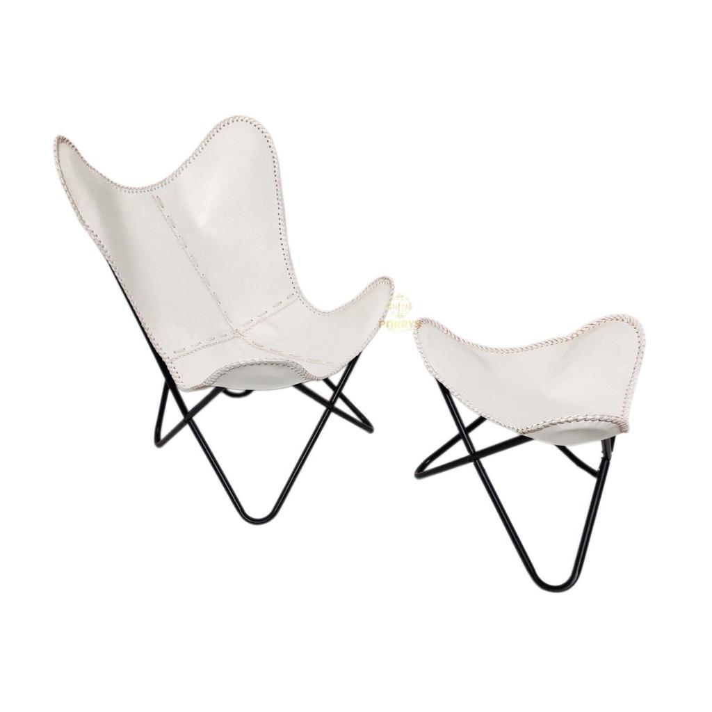 Handmade Butterfly Chair - White Leather Iron Openable Chair & Footstool