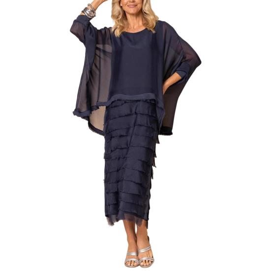 Платье-двойка с длинным рукавом и шалью, двухслойное шифоновое платье с круглым вырезом