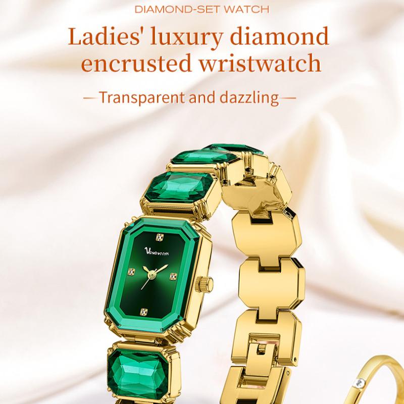 ЧАСЫ ЖЕНСКИЕ С БРИЛЛИАНТАМИ VA VA VOOM Маленький зеленый квадратный циферблат Кварцевые часы Женственность Личность Часы Женские