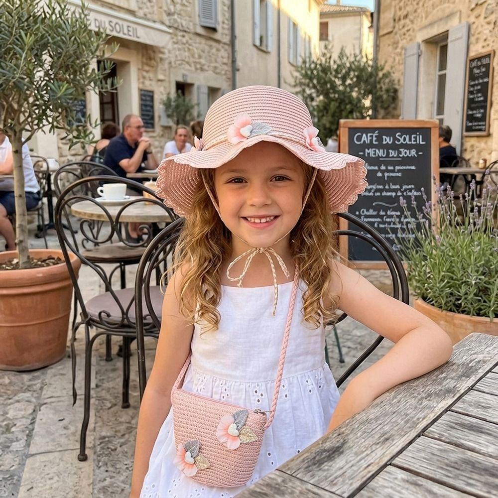 2Pcs/Set Sun Hat Children Beach Hats Set Wide Brim Straw Wide Hat New Straw Hat Beach Bag Set Party