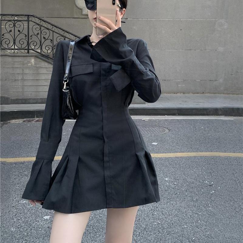Black Shirt Dress Women Elegant Vintage Long Sleeve Dresses Sexy Gothic Pleated Streetwear Turn-down Collar Casual Robe
