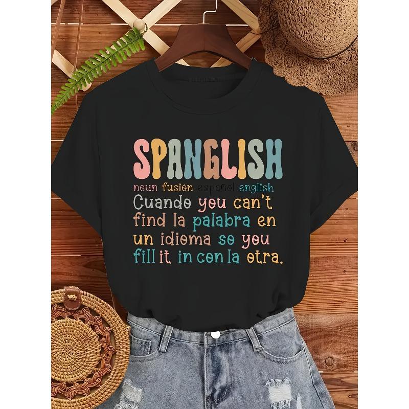 Women's Spanish Graphic Print T-Shirt, Short Sleeve Crew Neck Casual Top for Summer & Spring, Lightweight Polyester Knit, Machine Washable,