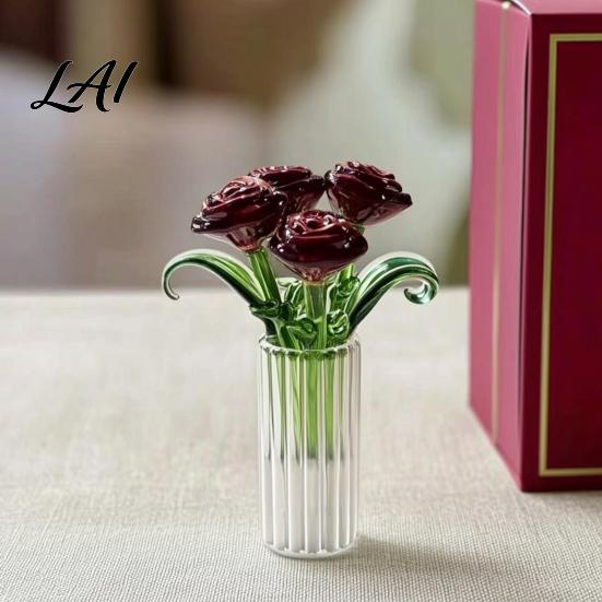 Unique Desktop Ornament for Women Glass Rose Bouquet Handmade Mini Colored Flowers with Durable Preserved Flower Vase Eternal Tabletop Decor,