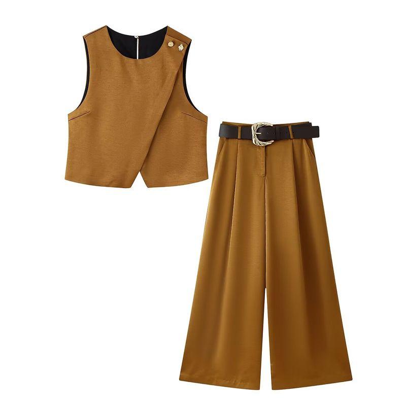 Kaslead New Women clothes Western Style Double Placket Satin Texture Top Trousers 8459556 7965556