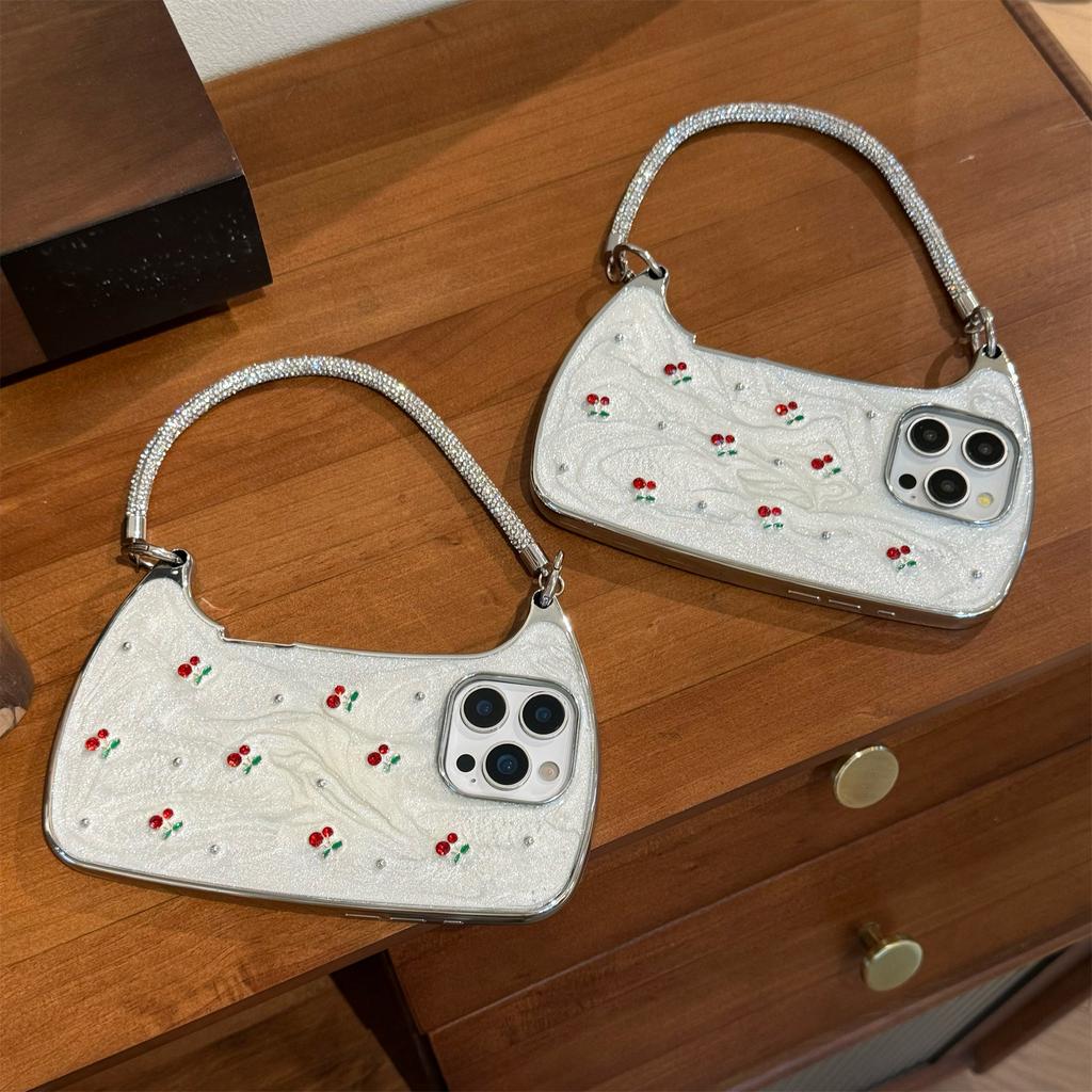 Жемчуг и Вишня Наплечный Чехол для Телефона для Серии iPhone 12-17 — Блестящий Регулируемый Ремешок, Свежий Летний Дизайн