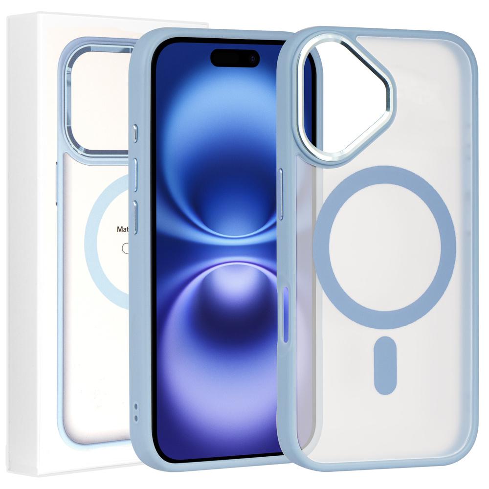 Case for iPhone 16, for MagSafe, ERBORD Matt Case, transparent / blue + Glass Screen Protector