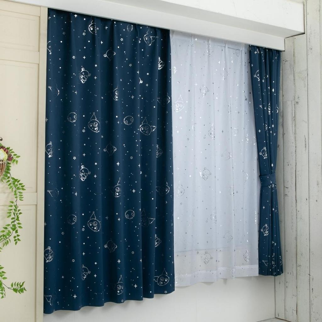 Sanrio Kuromi Glitter 2nd Grade Curtains Lace Set of 100cm Wide x 178cm Light-Blocking Heat-Insulating + Curtains, 4, Long, SS-11-208-21/SS-12-208-22