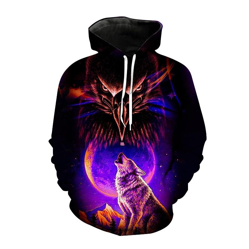 2024 Новые модные мужские толстовки с капюшоном с принтом 3D волка, свободная толстовка для мужчин, уличная толстовка с капюшоном, забавный пуловер с капюшоном