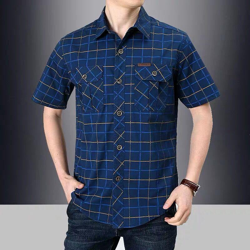 Summer Men Short Sleeve Shirt Streetwear Fashion Lapel Business Plaid Casual Tops Plus Size