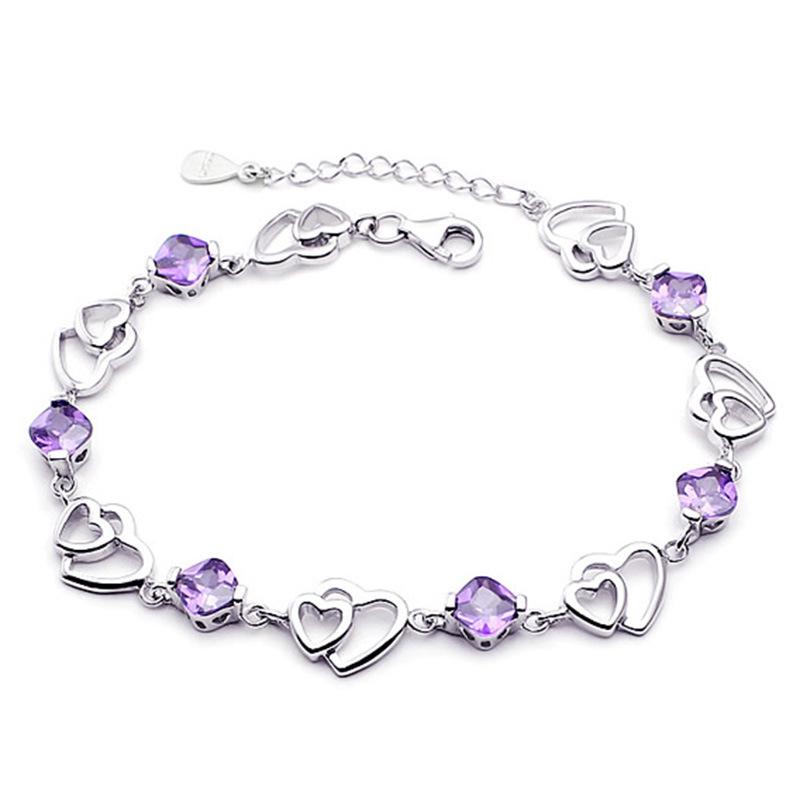 Weihua Temperament Women's Silver Plated Bracelet Women's Double Heart Amethyst Bracelet Korean Version Women's Jewelry Manufacturer Wholesale