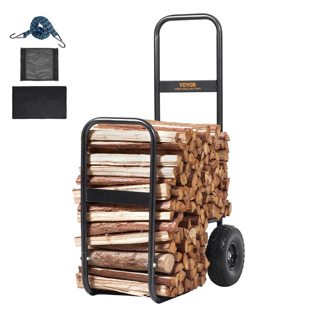 Firewood Log Cart, 113.4 kg Capacity, Outdoor and Indoor Wood Rack Storage Mover with PU Wheels & Waterproof Cloth, Heavy Duty Steel Dolly Hauler,