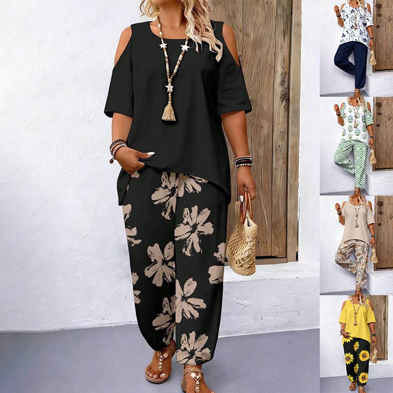 Women's 2 Piece Outfit Off Shoulder Irregular Hem Tunic Top with Loose Wide Leg Pants Summer Fashion Set