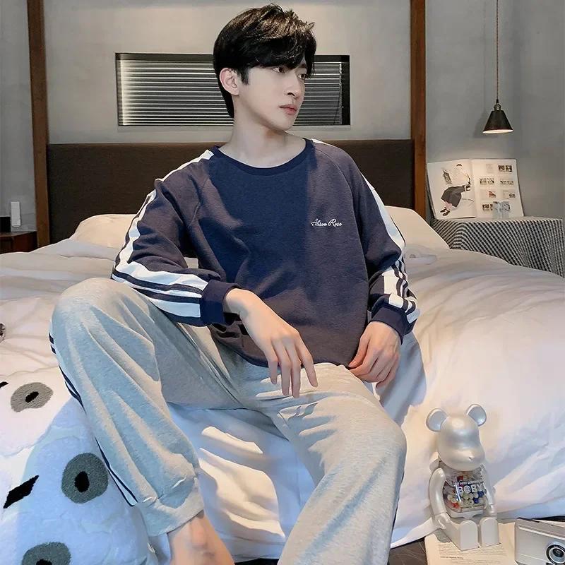 Пижамы мужские весенние и осенние с длинными рукавами, длинные брюки, простая домашняя одежда, тонкий хлопок, мужские большие размеры, весенние модели, костюм для отдыха