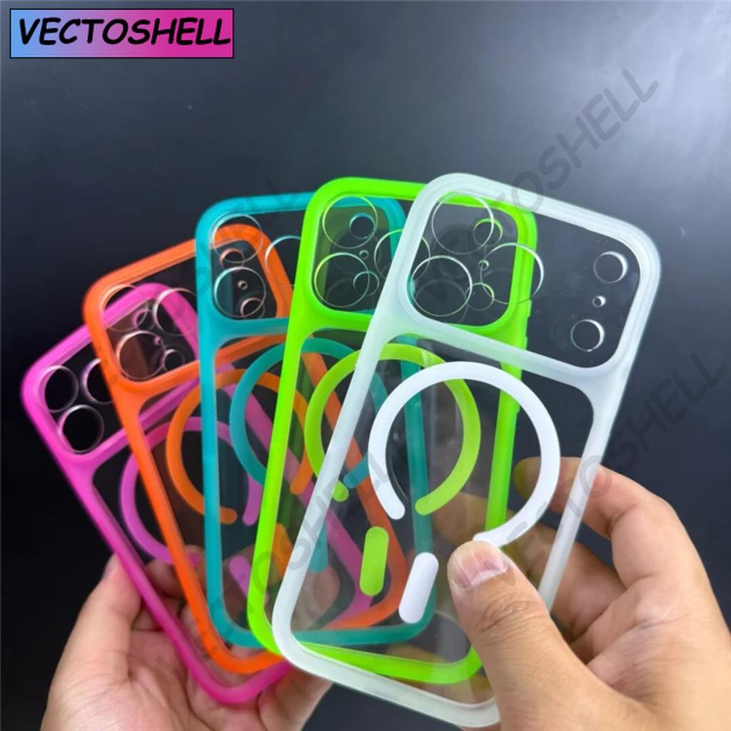 Оригинальный прозрачный магнитный чехол неонового цвета для iPhone 17air 16 16pro 15 14 pro Max с сенсорной кнопкой камеры для Magsafe, жесткая крышка