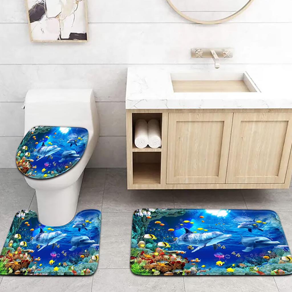 3pcs Underwater World Series Colorful Jellyfish Dolphin Pattern Bathroom Mat Set Toilet Seat Cover U-Shaped Foot Pad