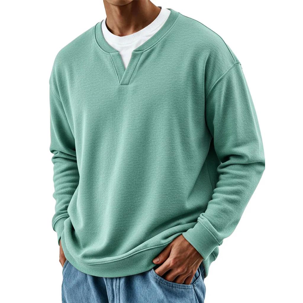 Мужская мода Однотонный Круглый вырез Длинный рукав Повседневная мода Универсальный Длинный рукав Свободная футболка Топ