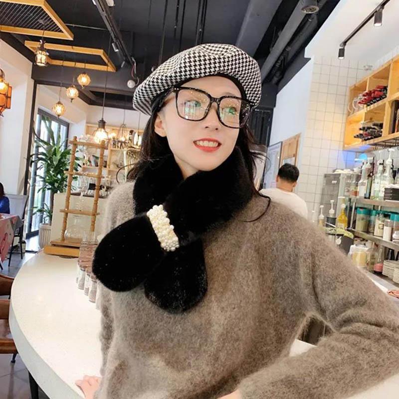 Women Winter Net Red Thicken Solid Color Faux Rabbit Fur Plush Cross Collar Scarf Shawl