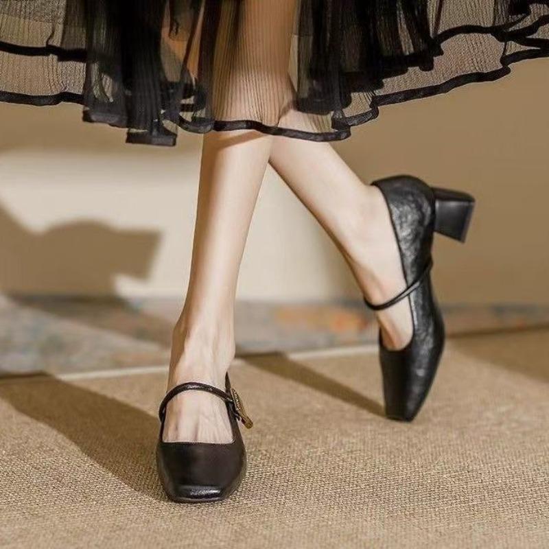 Винтажные туфли Мэри Джейн на высоком каблуке, осенние новинки, квадратный носок, толстый каблук, элегантные женские туфли для офиса