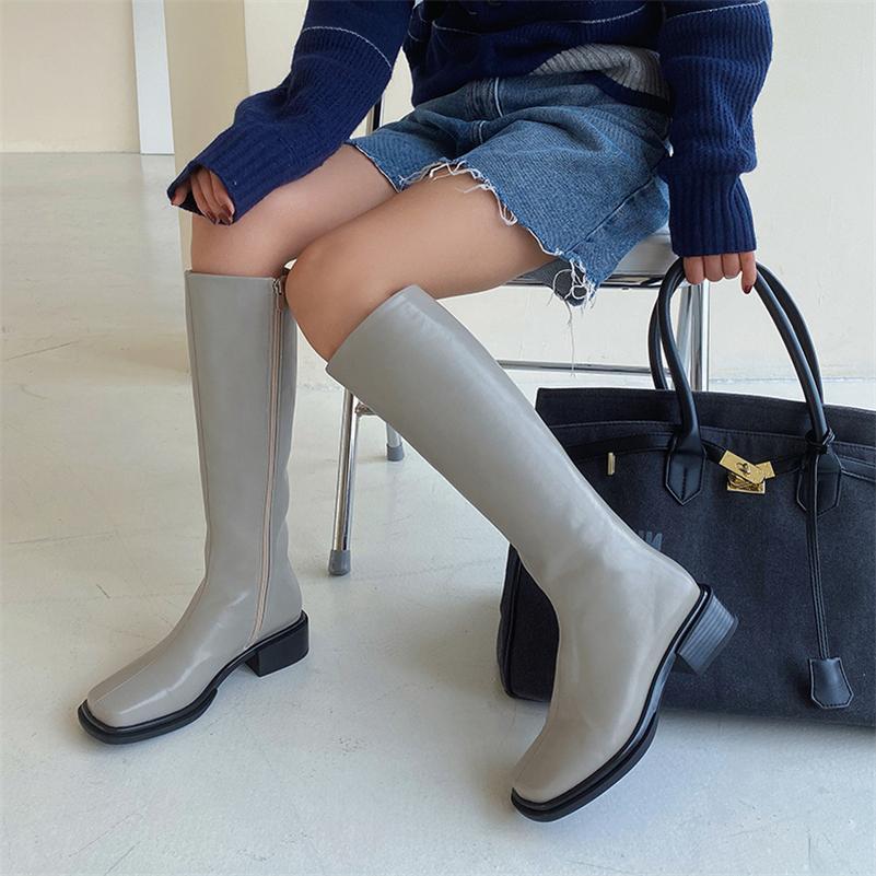 Meotina Женские сапоги до колена из натуральной кожи, высокие сапоги на плоской подошве с квадратным носком и молнией, женская модная обувь, осень-зима, серого, бежевого цвета