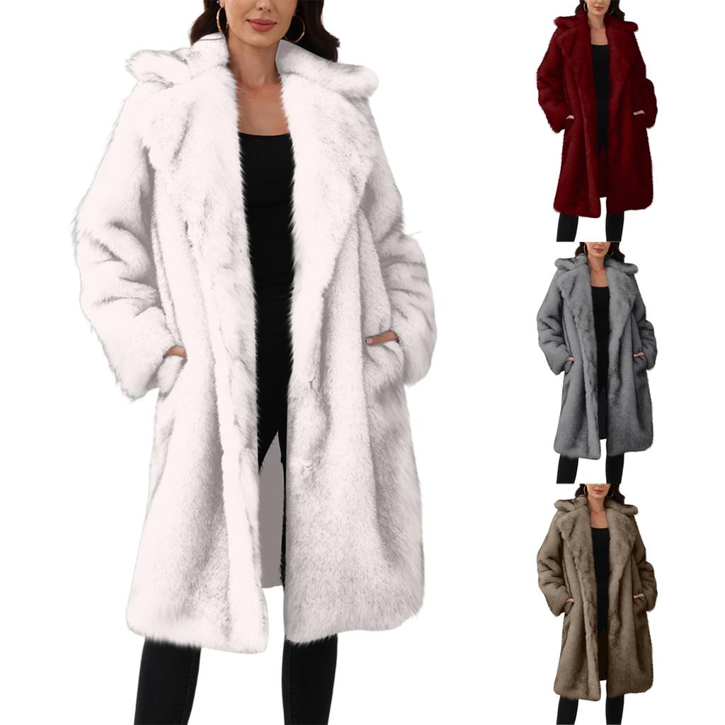 Women's Fashionable Warm Long Sleeve Solid Color Furry Long Coat With Turned Collar