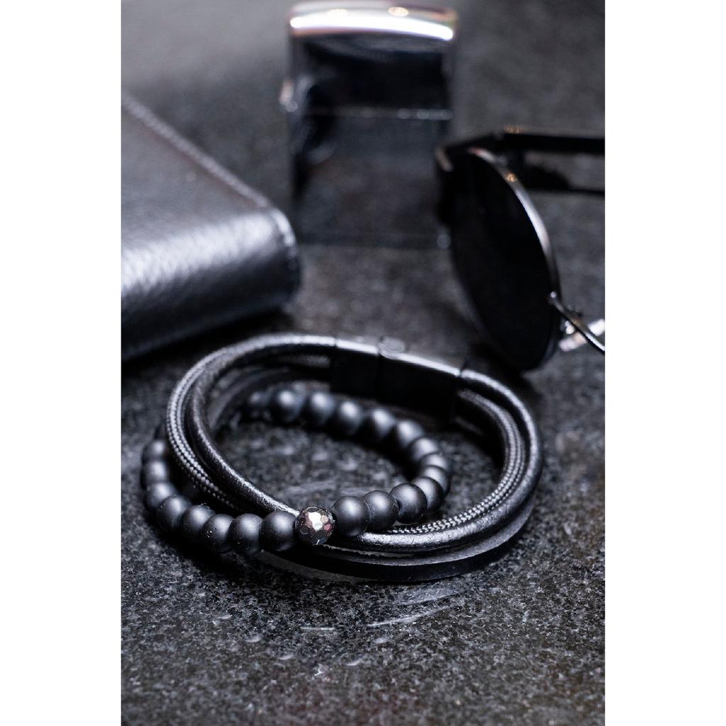 Мужской комбинированный браслет из черной натуральной кожи и гематита из натурального камня 001