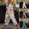 Женские повседневные брюки Эластичная талия Завязки Брюки гаремы Цифровой цветочный принт Пляжные