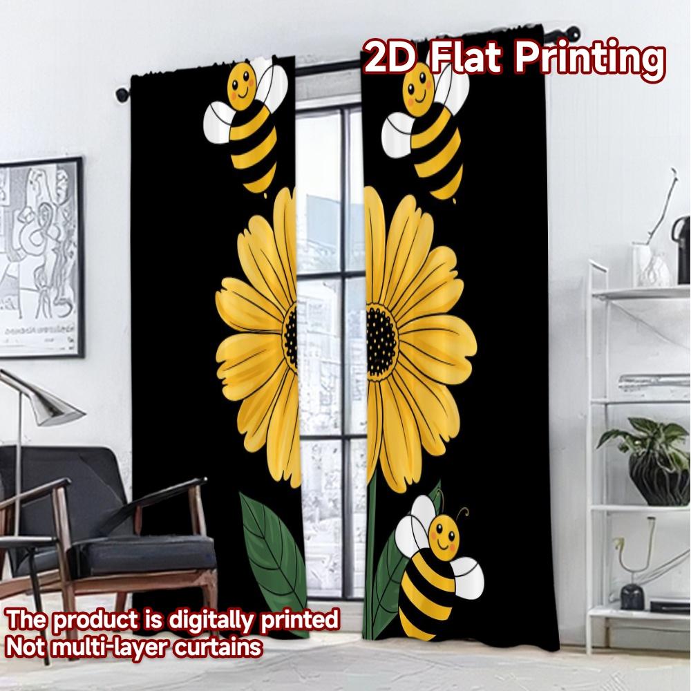 2D FLAT PRINTING 2pcs Curtains (Without Rod) Happy Bees and Sunflower Contemporary Popular Curtains Polyester Easy Install