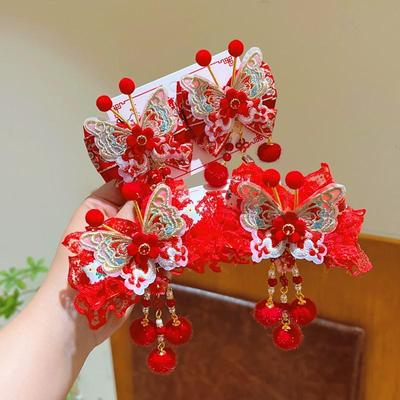 Детская новогодняя заколка для волос в стиле Ханьфу, милая, нежная, в китайском стиле, красные заколки, заколка для волос с кисточкой, в древнем стиле