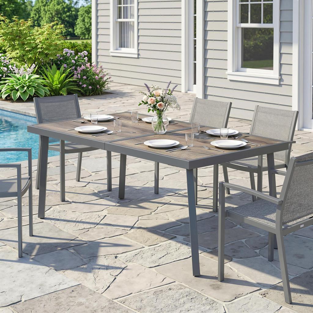 Outdoor Table for 6 People, Wood Look, Metal Frame, Weatherproof, 145 x 85 x 72 cm, Grey